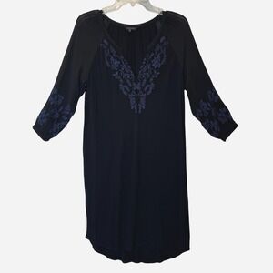 Lucky Brand Black Embroidered V Neck 3/4 Sleeve Casual Dress Size Medium